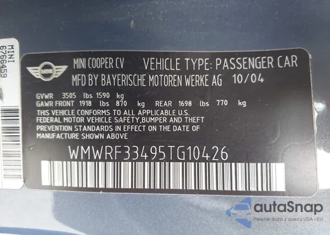 2005 Mini Cooper z USA, uszkodzony, nr VIN WMWRF33495TG10426